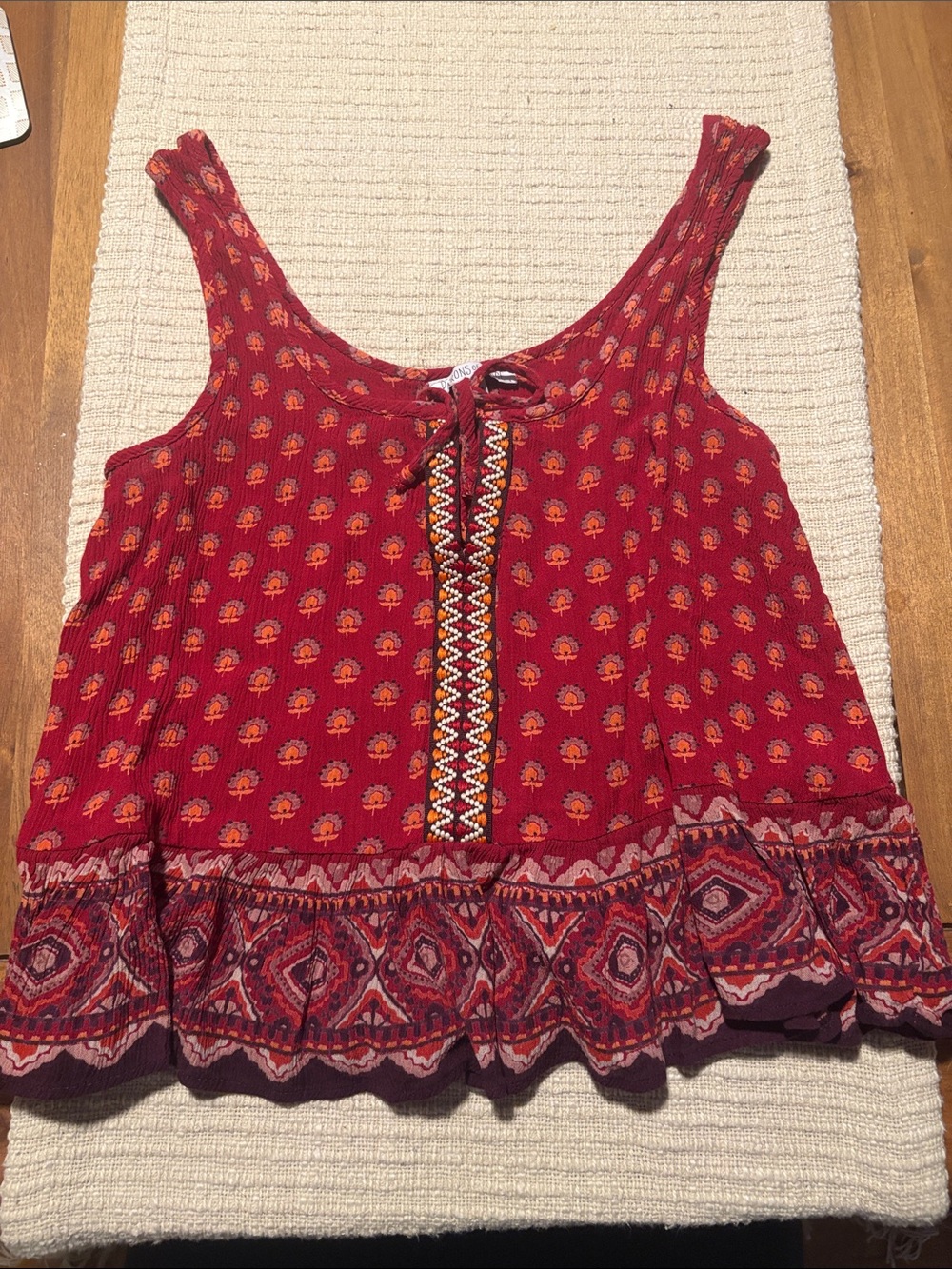 Patrons of Peace Red Printed Boho Tank with Embroidered Front